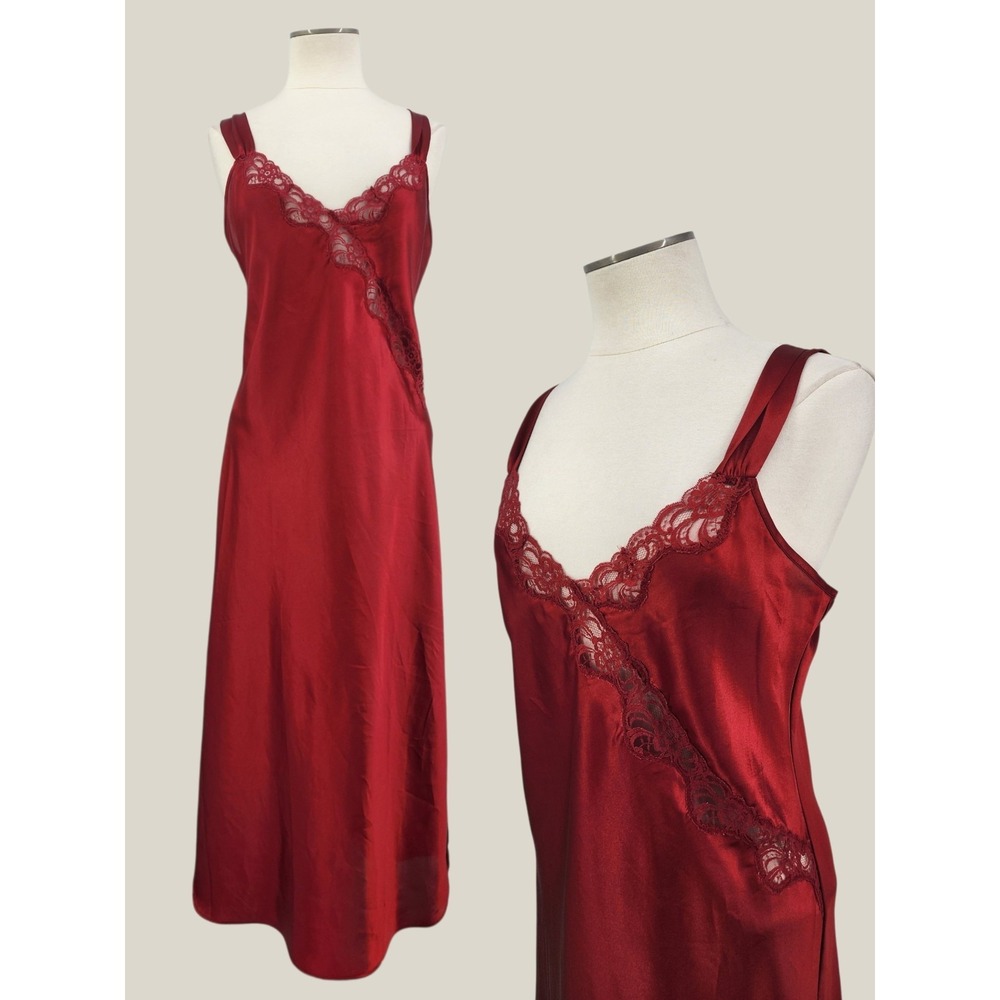 Womens Vintage Red Satin Nightgown Dress Long Lace Sheer Hollywood Glam Medium